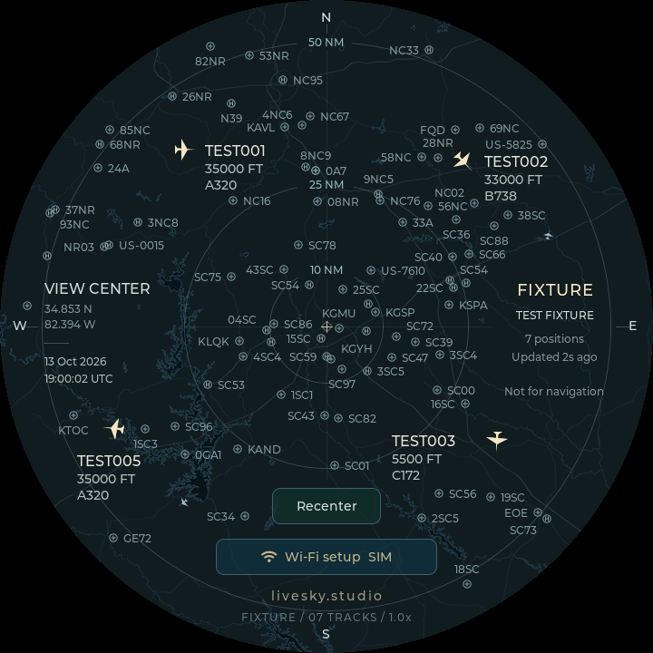 Actual LiveSky SDL/LVGL display capture of the Greenville map, with TEST aircraft and an explicit FIXTURE label